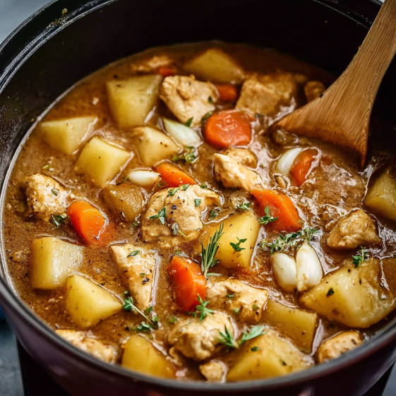 A pot of chicken stew with vegetables.