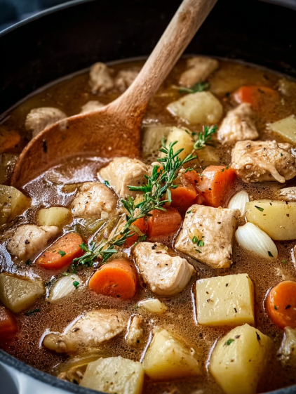 A close up of a hearty chicken stew with carrots and onions.