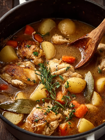 A hearty chicken stew with carrots and potatoes.
