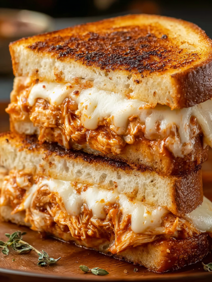 A grilled cheese sandwich with chicken and cheese.