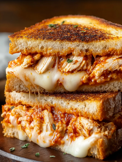 A grilled cheese sandwich with chicken and marinara sauce.