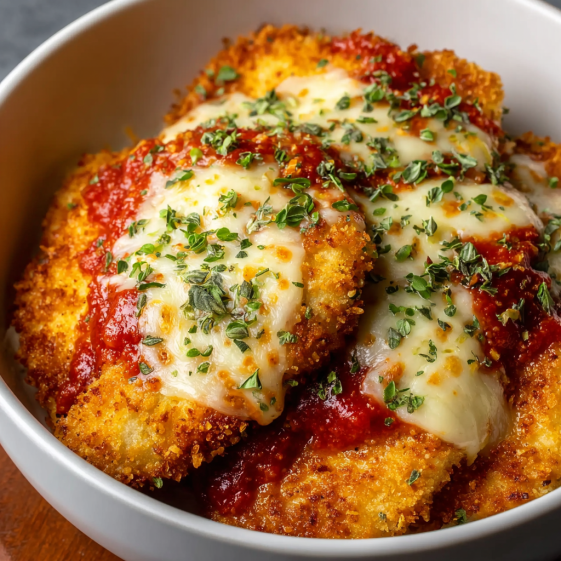 A bowl of cheesy crispy chicken parmesan.