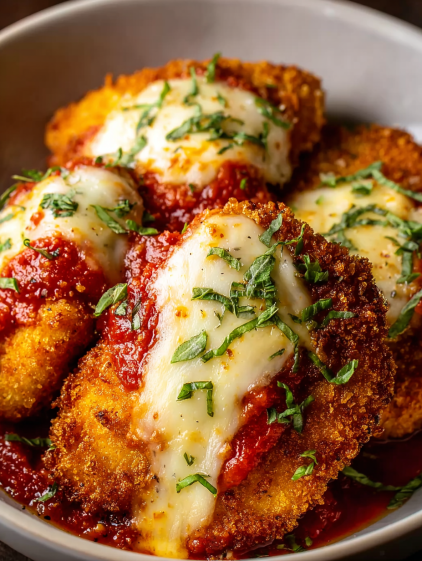 A plate of cheesy crispy chicken parmesan.