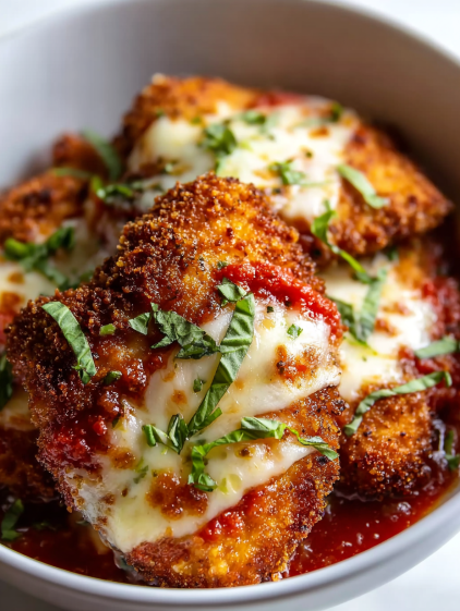 A close up of a cheesy crispy chicken parmesan.