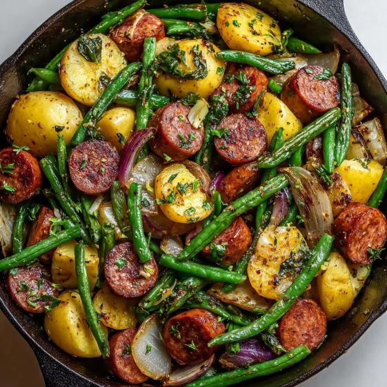 A dish of sausage, green beans, and potatoes.