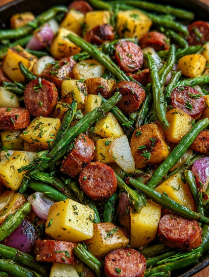 A close up of a dish with sausage, potatoes, and green beans.