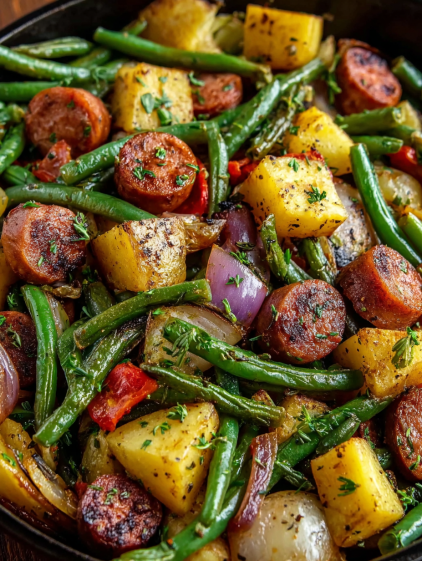 A close up of a plate of food with a variety of vegetables and sausage.