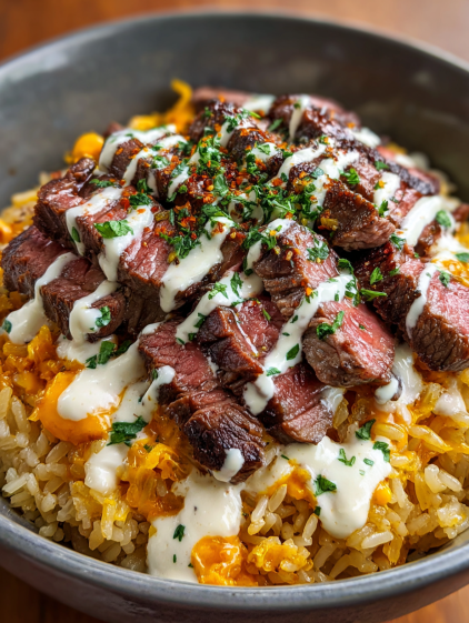 A delicious steak queso rice bowl.
