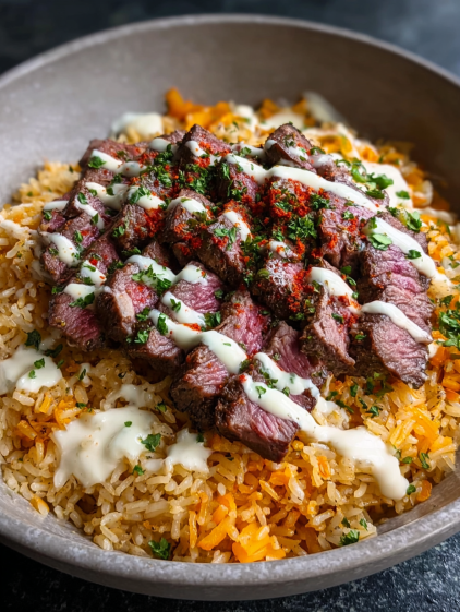 A bowl of rice with steak and cheese on top.