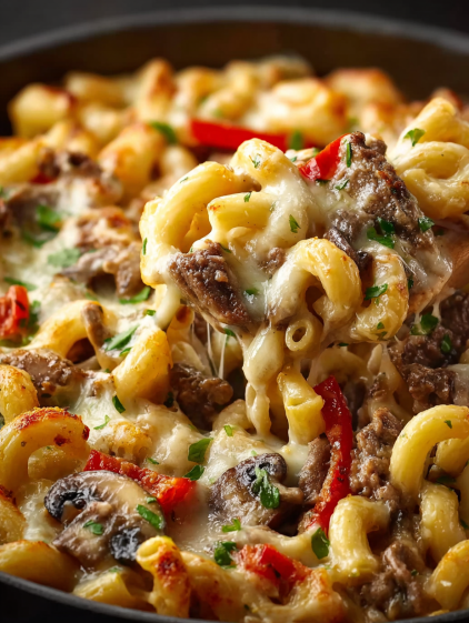 A close up of a Philly Cheesesteak Pasta Bake.