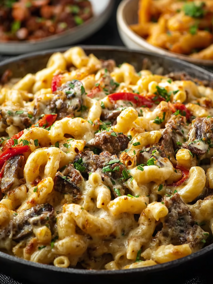 A close up of a bowl of pasta with meat and vegetables.