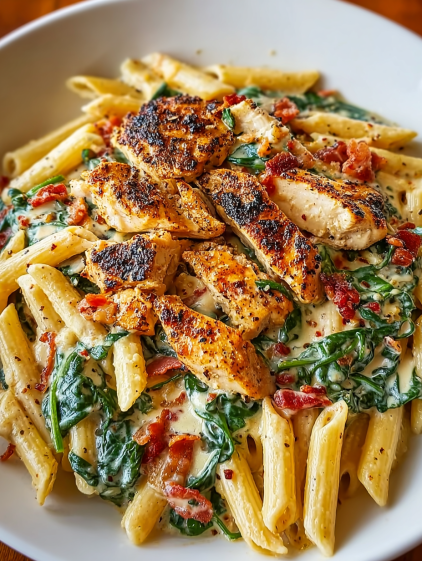 A plate of chicken, spinach, and bacon.