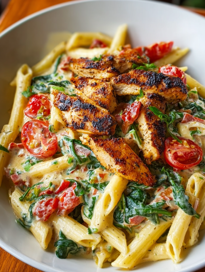 A plate of food with chicken, tomatoes, and pasta.
