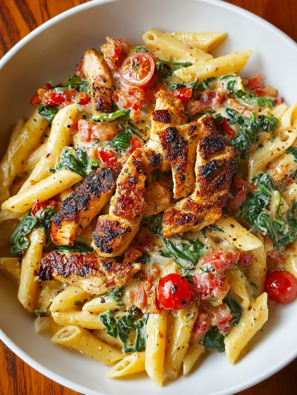 A bowl of pasta with chicken and tomatoes.