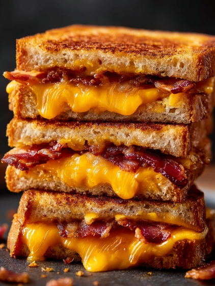 Three grilled cheese sandwiches with bacon.