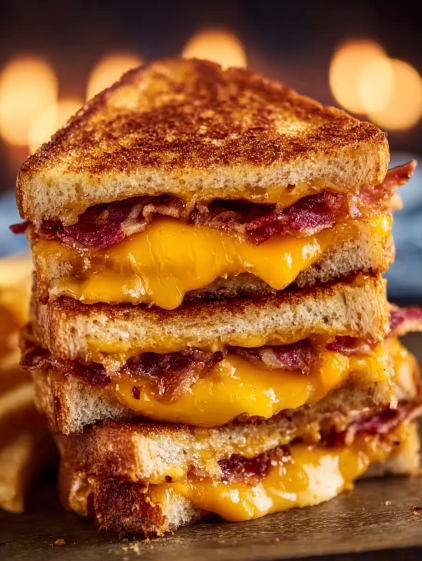 A stack of three grilled cheese sandwiches.