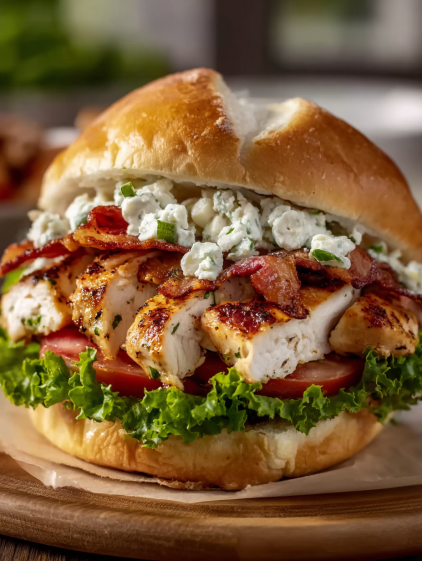 A chicken sandwich with bacon and blue cheese.