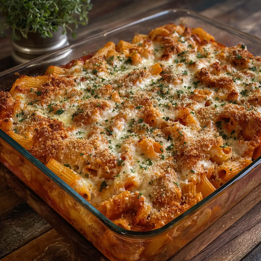 A baked pasta dish with cheese and herbs.