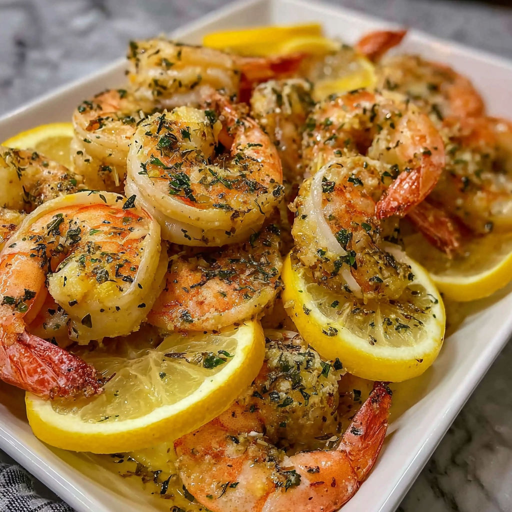 A plate of baked Italian shrimp with lemon.