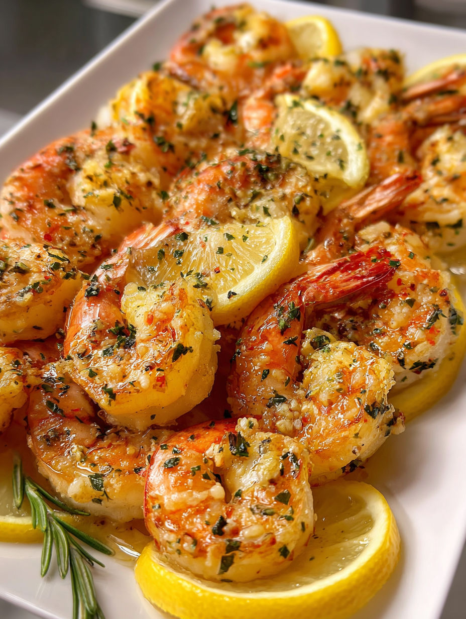 A plate of shrimp with lemon and herbs.