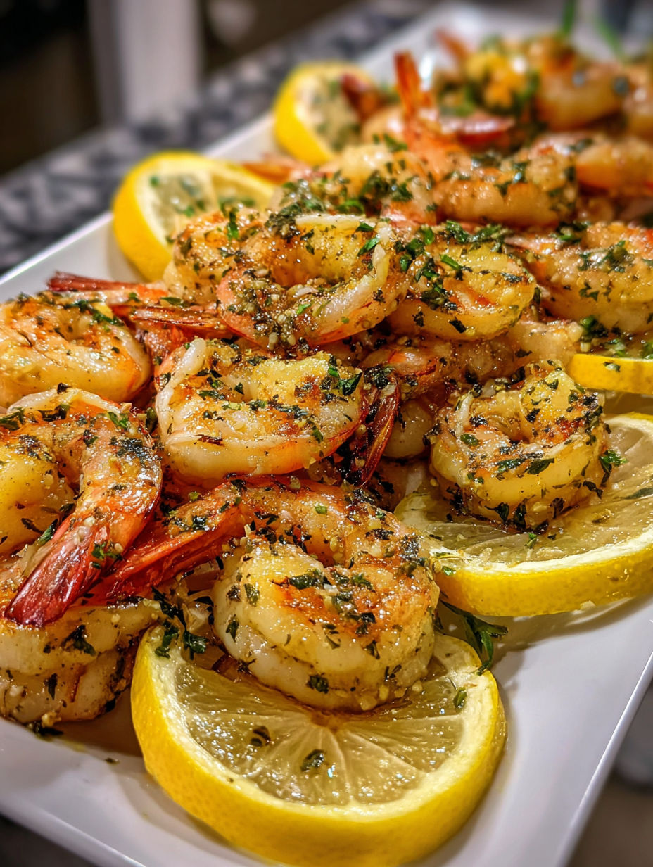 A plate of shrimp with lemon wedges on top.