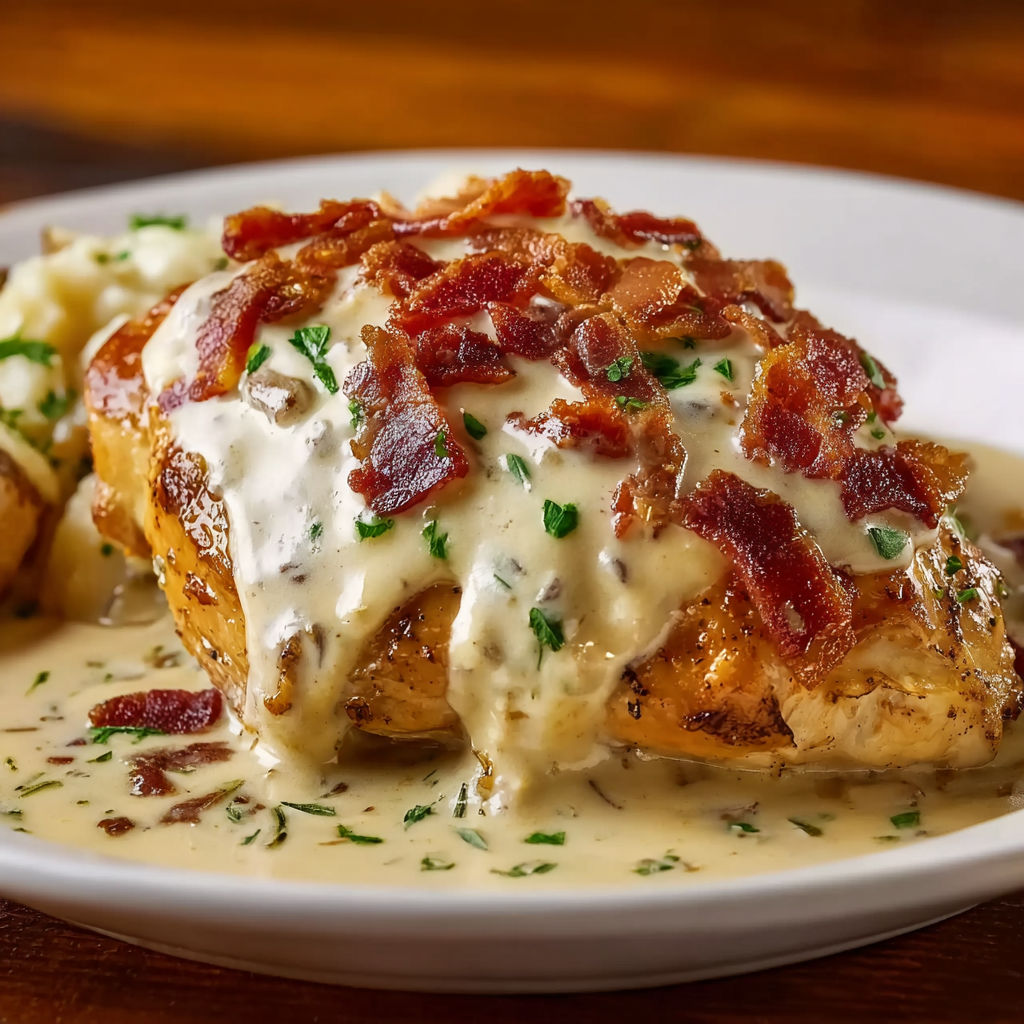 A plate of smothered chicken with bacon and cheese.