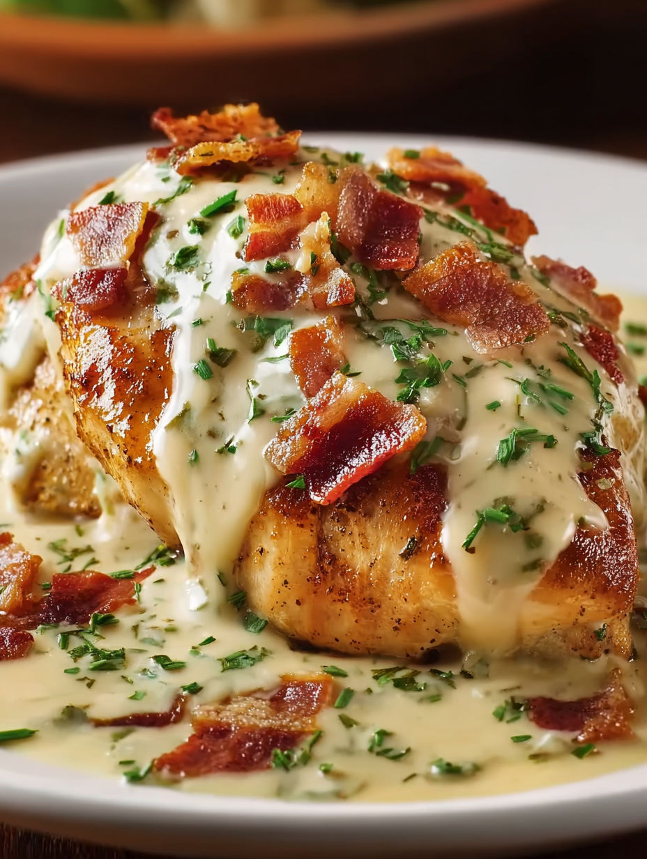 A piece of chicken with bacon and cheese on top.