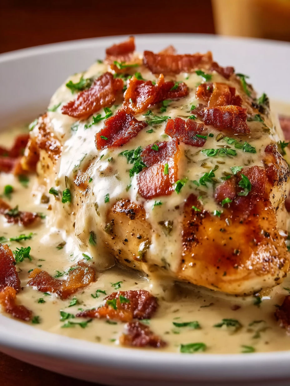 A piece of meat covered in bacon and cheese.