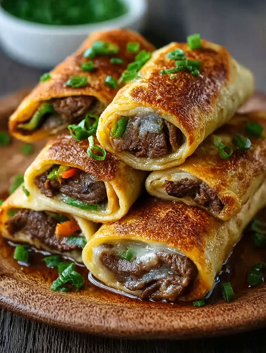 A stack of meat and vegetable filled wraps.