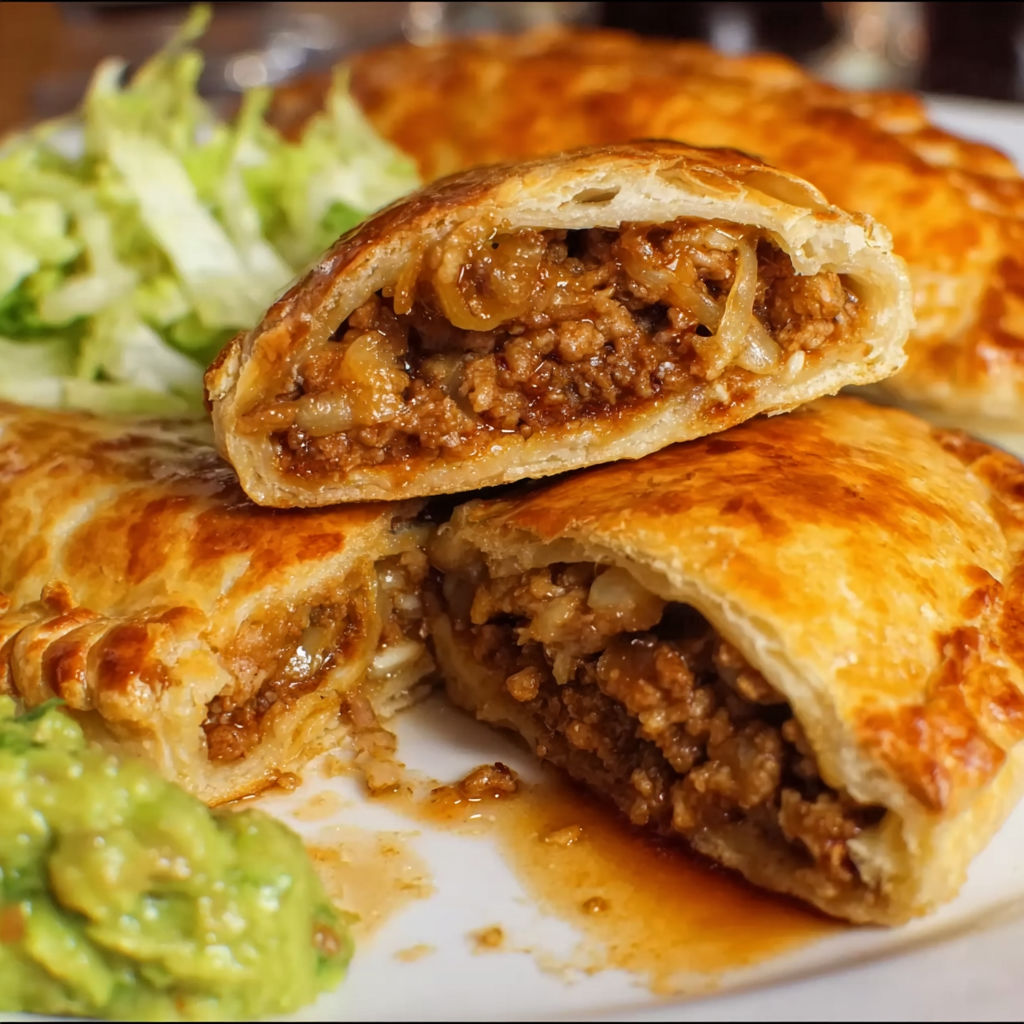 A plate of taco pockets with meat and cheese.