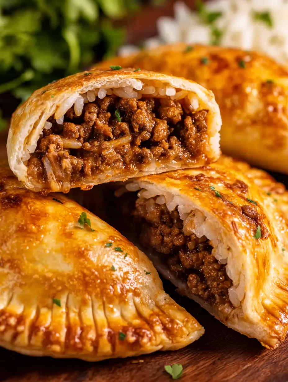 A close up of a taco pocket with meat and rice.