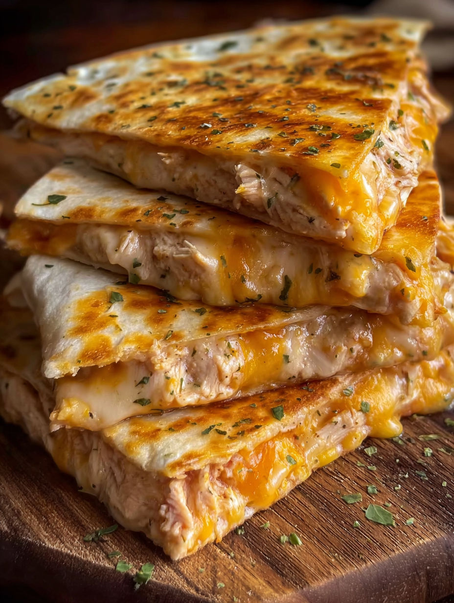 A stack of three cheese and chicken sandwiches.