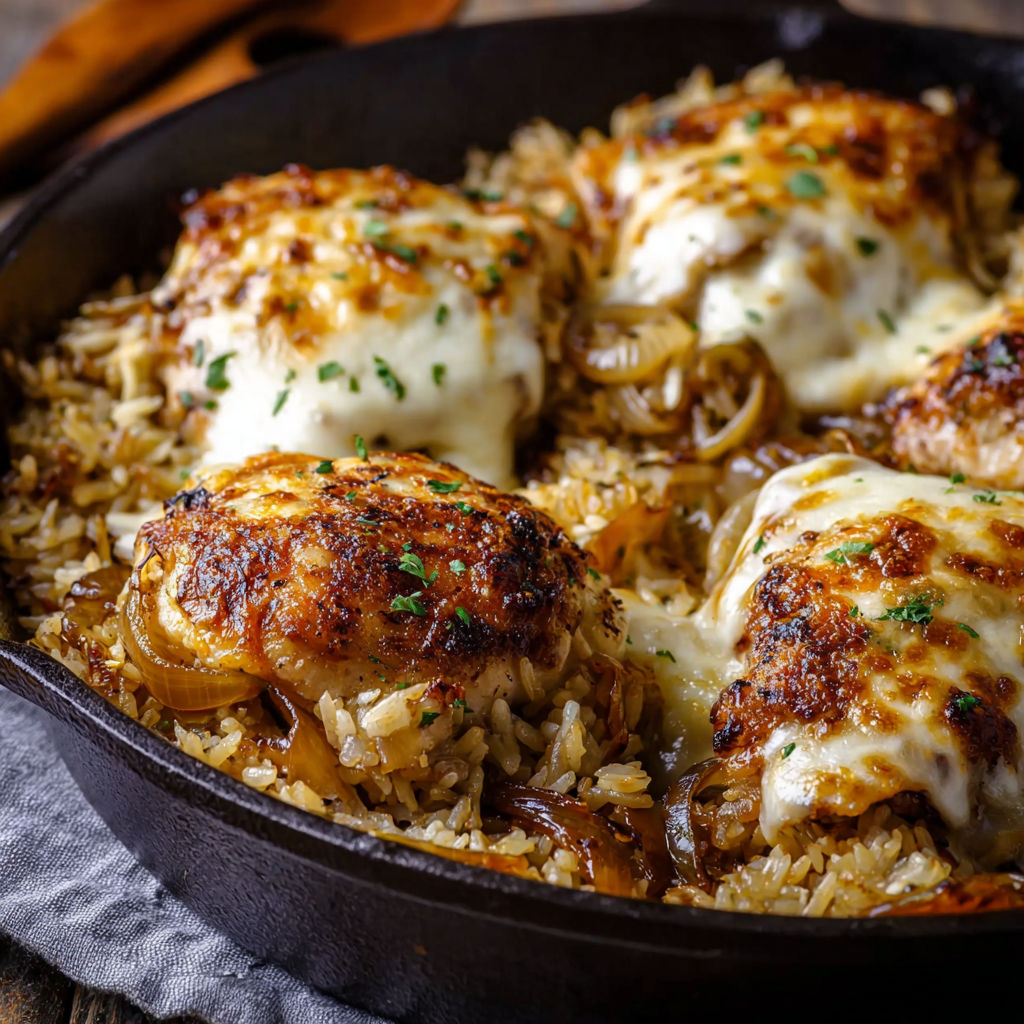 A delicious French Onion Chicken Rice Bake.