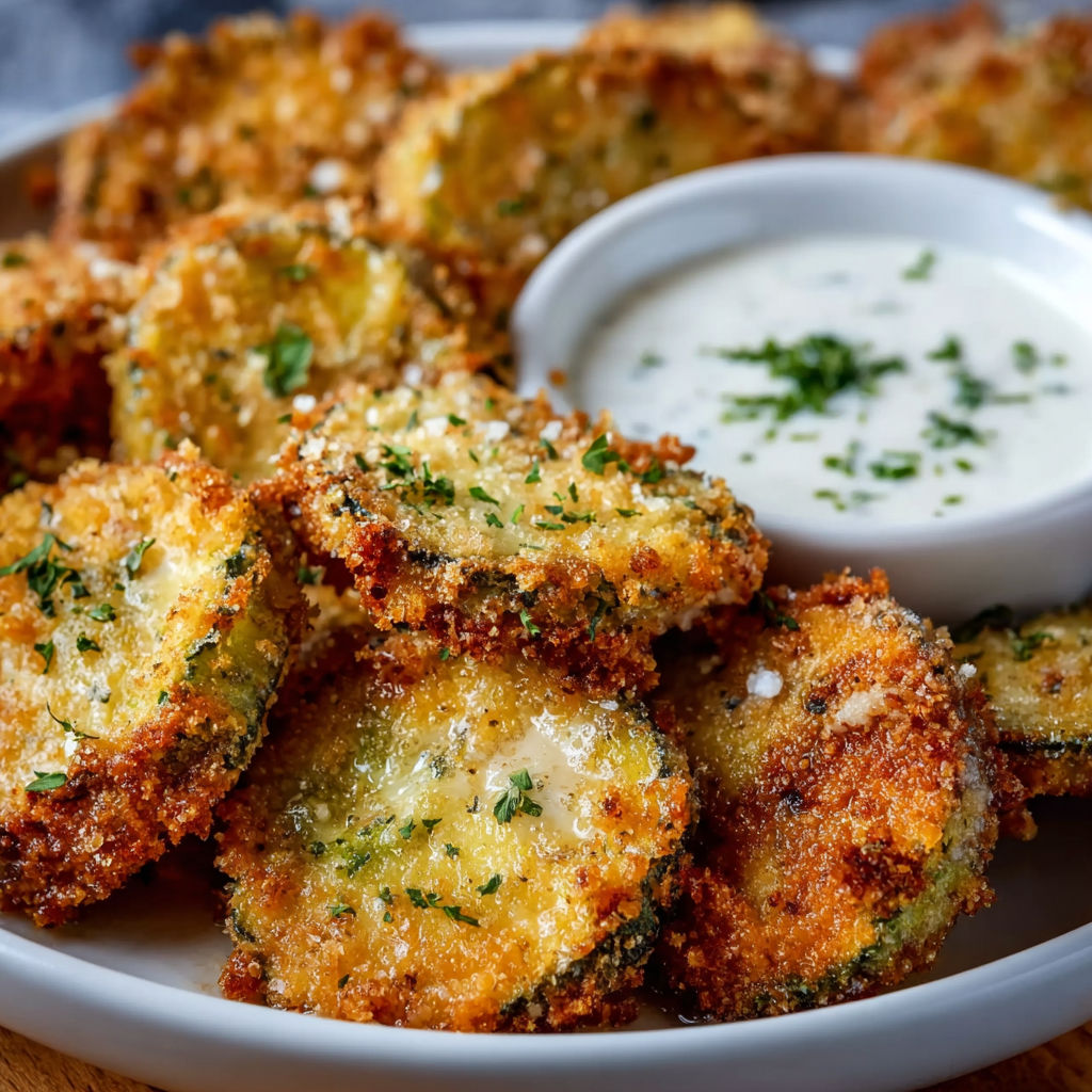 A plate of fried pickles with ranch dressing.