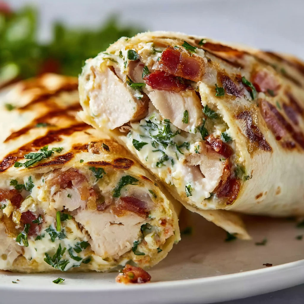 Two pieces of cheesy garlic chicken wraps with bacon.