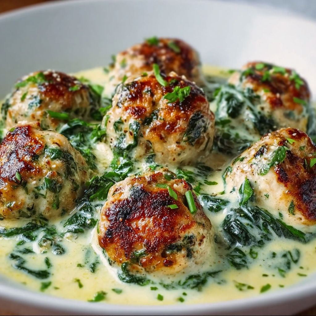 A plate of baked chicken meatballs with spinach Alfredo sauce.