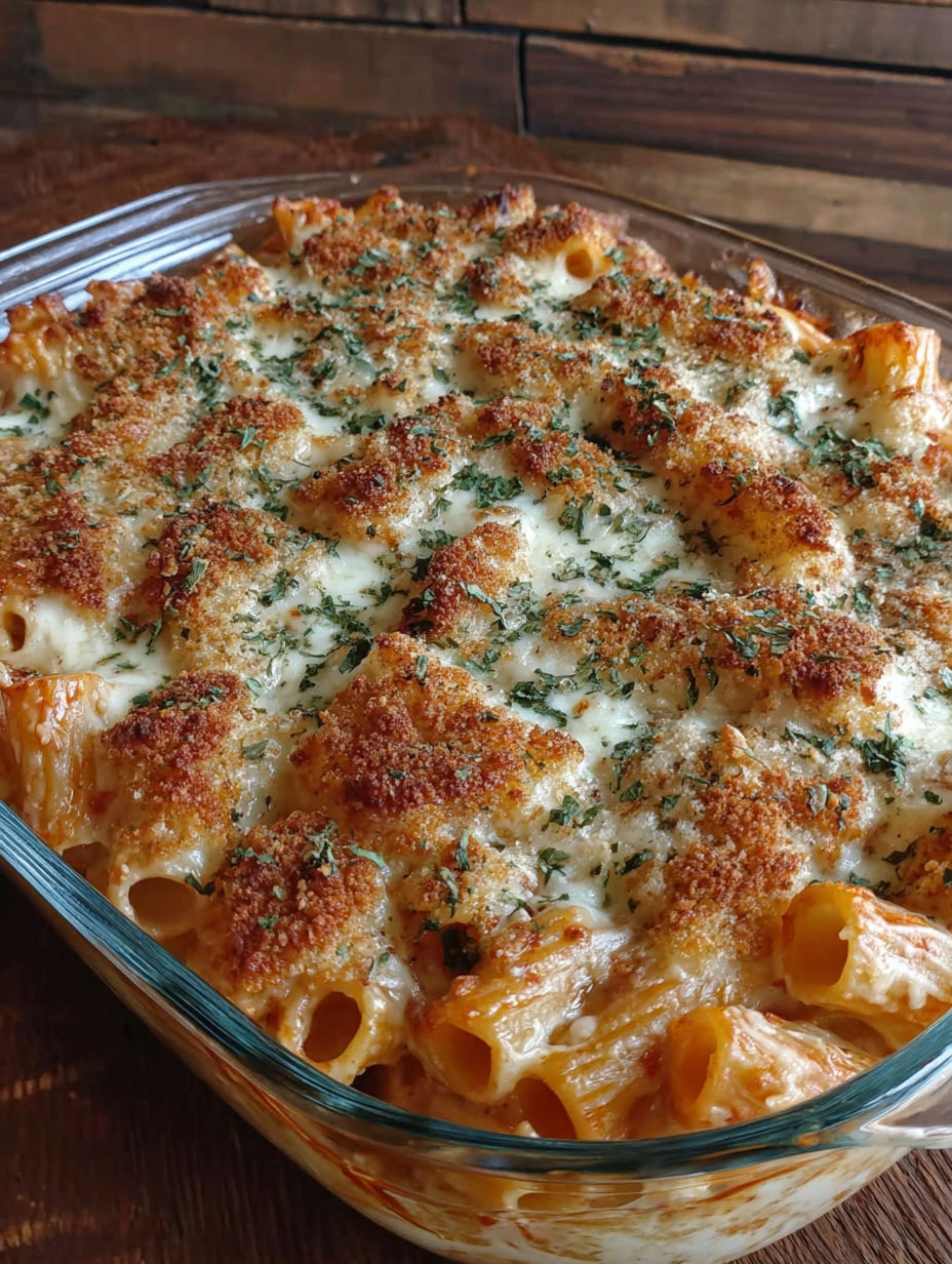 A dish of pasta with cheese and herbs.