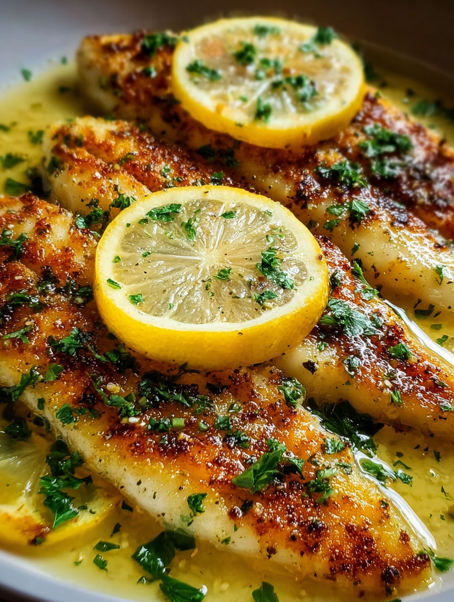 A close up of a zesty lemon butter fish fillet.