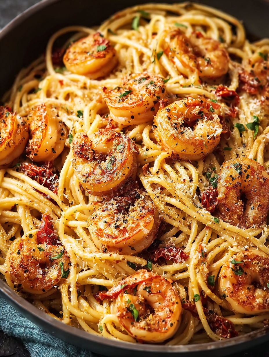 A bowl of pasta with shrimp and cheese.
