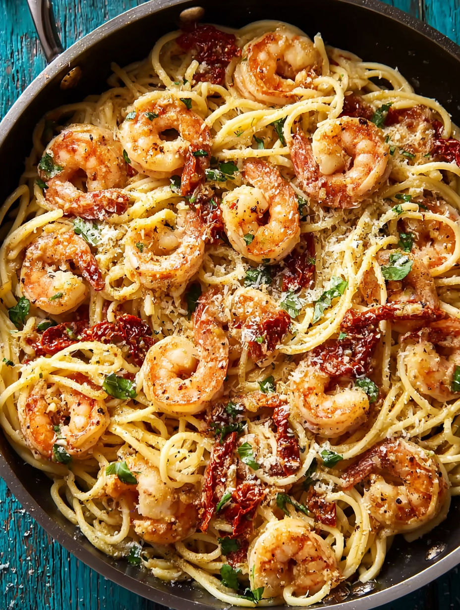 A bowl of pasta with shrimp and cheese.