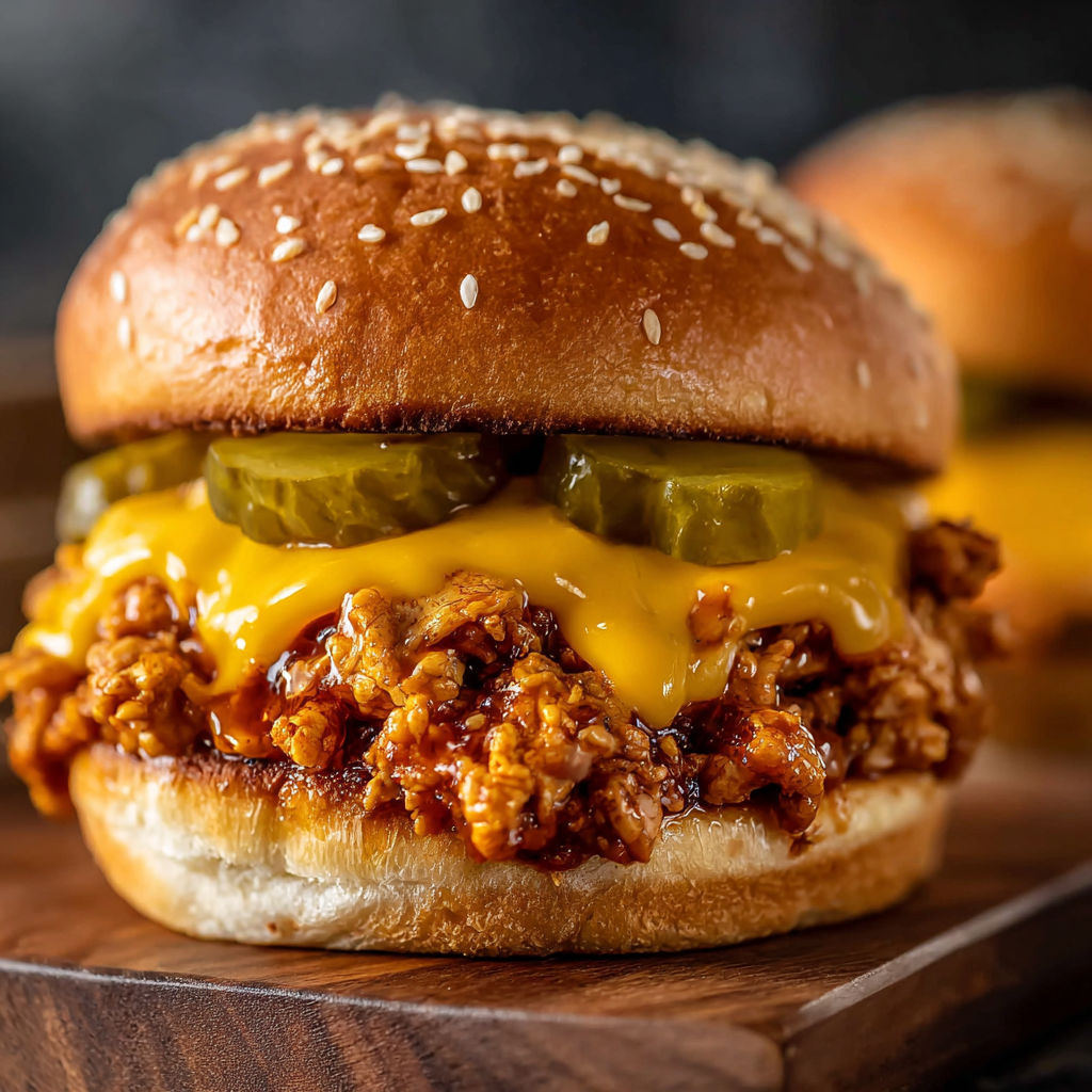 A Cajun Chicken Sloppy Joes sandwich with pickles on top.