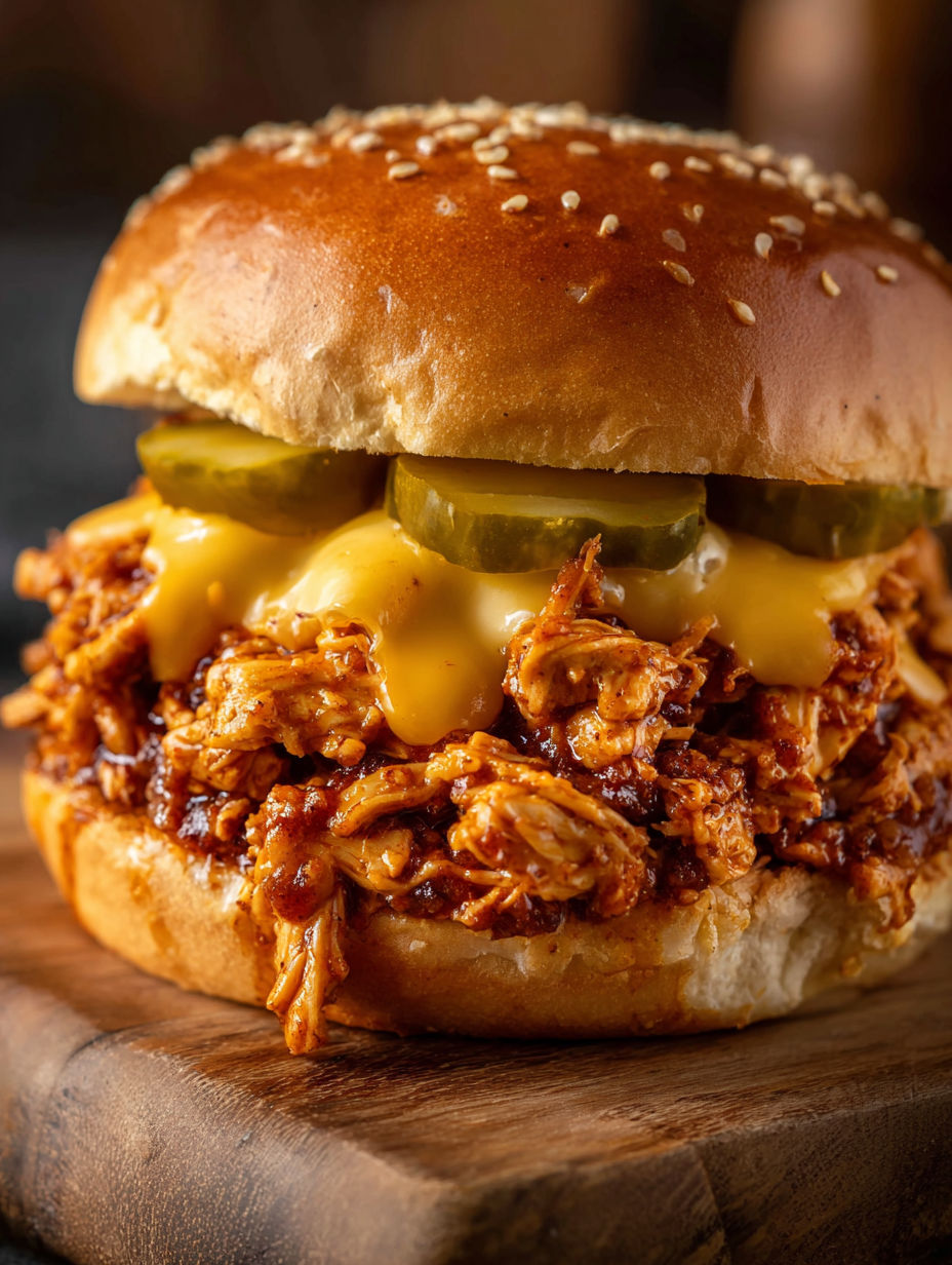 A Cajun Chicken Sloppy Joes sandwich with pickles on top.