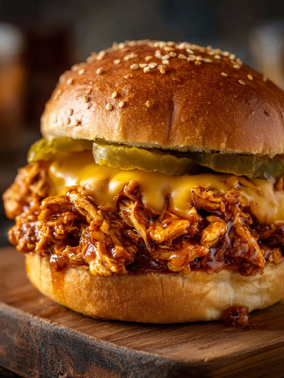 A Cajun Chicken Sloppy Joes sandwich with pickles on top.