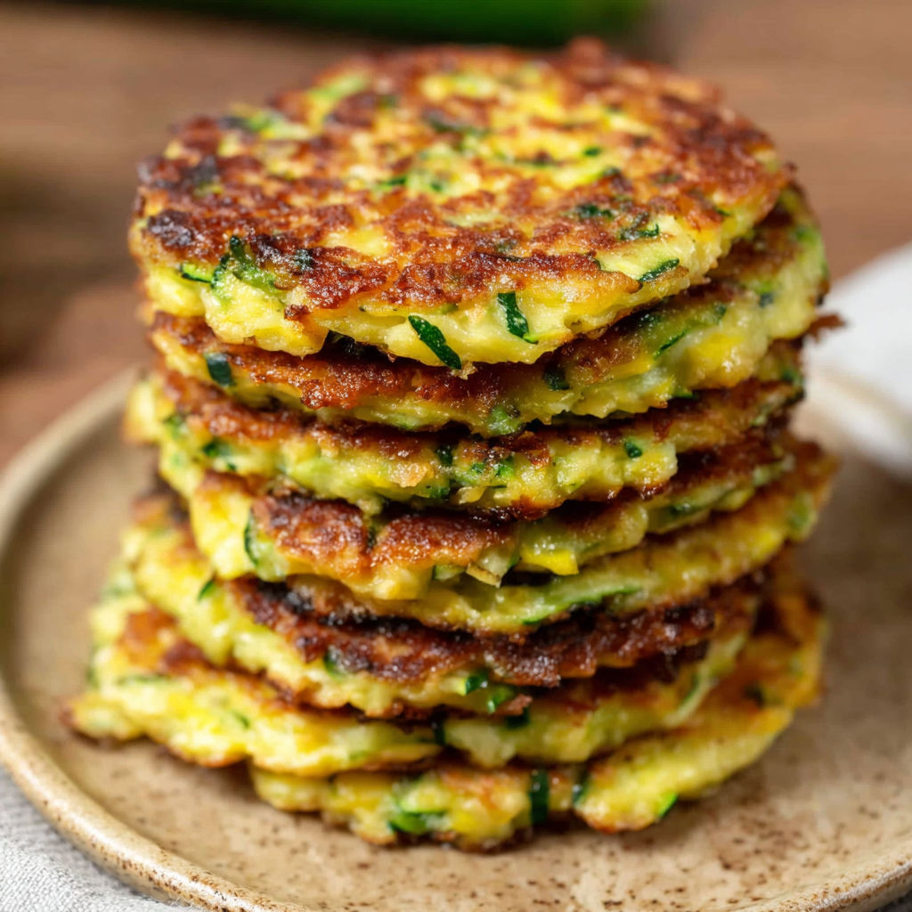 A stack of zucchini fritters on a plate.