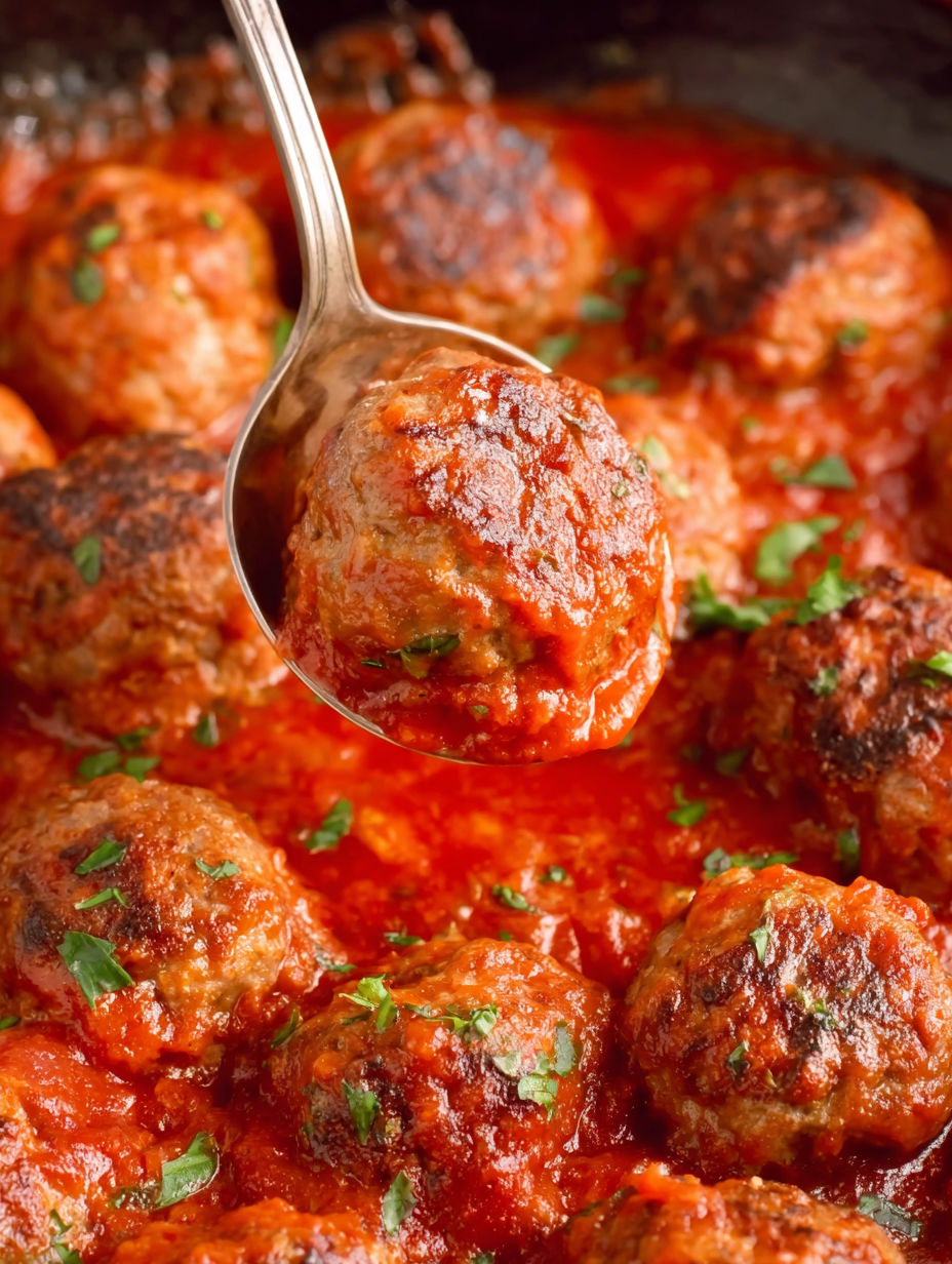 A spoon is in a bowl of meatballs.