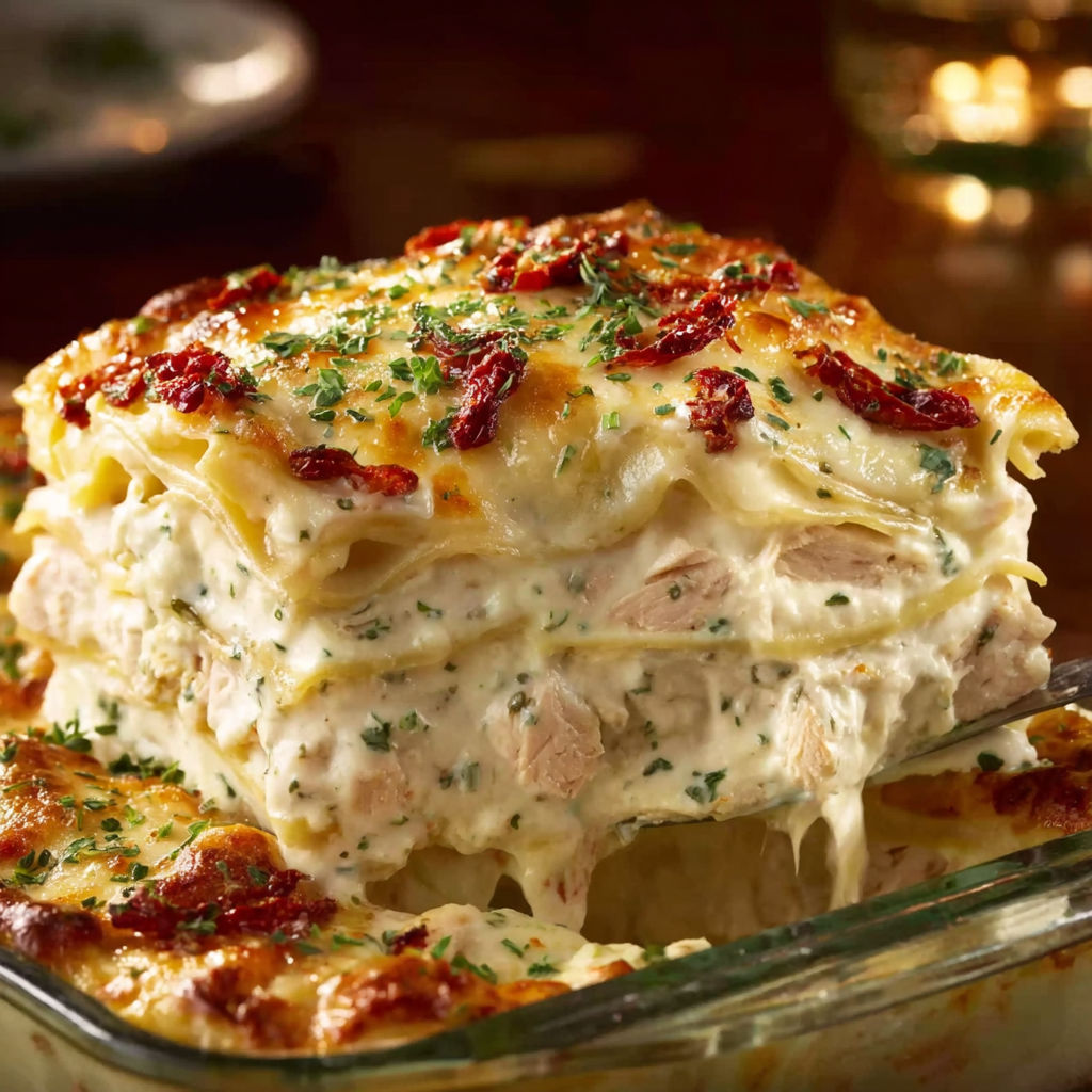 A creamy white chicken lasagna.