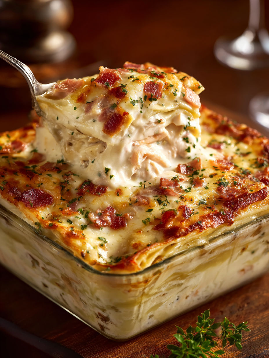 A close up of a casserole dish with a fork in it.
