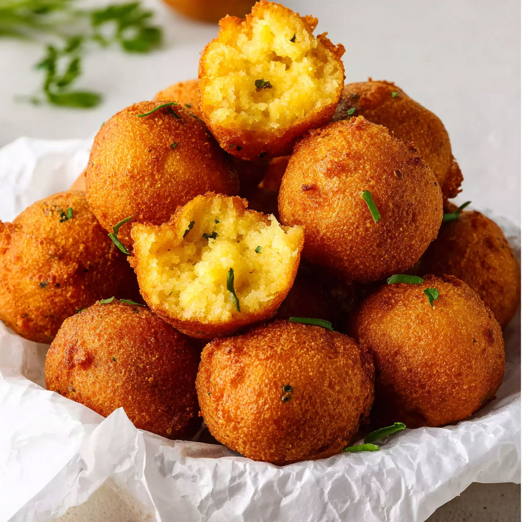 A stack of homemade crispy hush puppies.