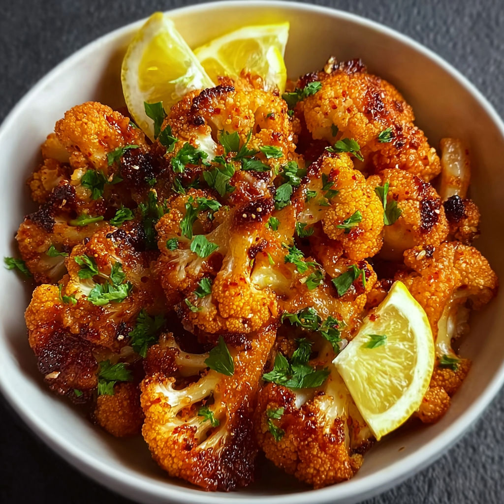 A bowl of cauliflower with lemon wedges and spices.