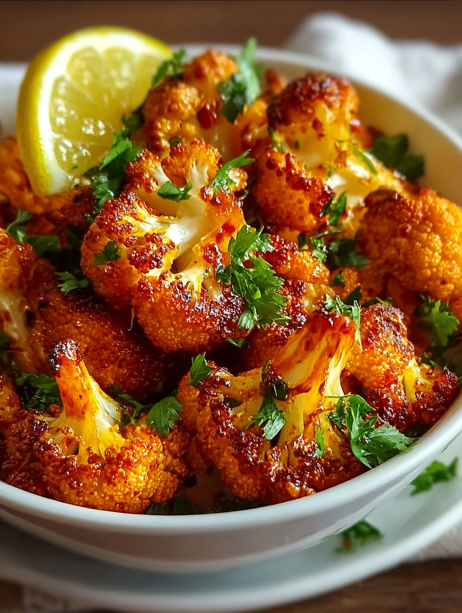 A bowl of cooked cauliflower with lemon wedges on top.